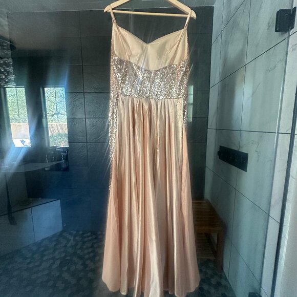 Chiclody Formal Evening Sequin Dress Champagne Slip Satin Train Gown - Picture 8 of 9